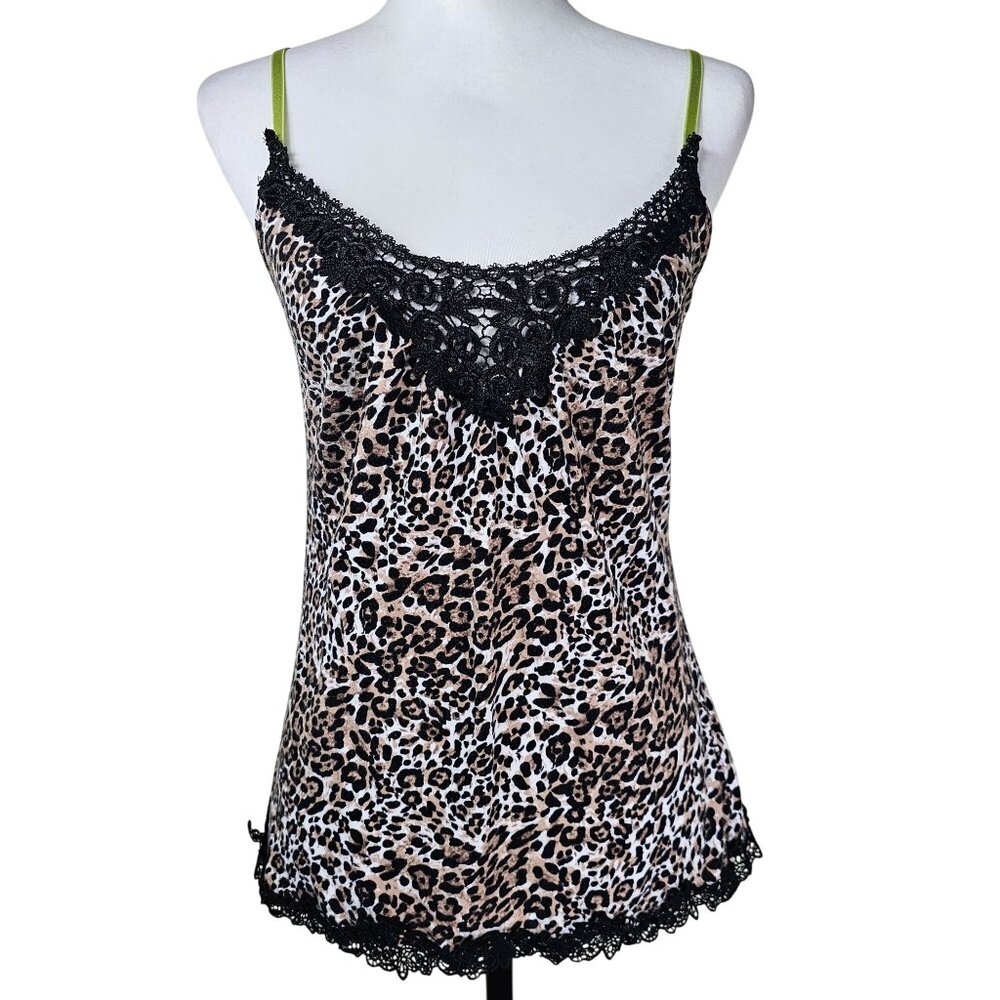 Y2K Leopard Print Lace Trim Camisole S Brown Black Adjustable Straps Vintage